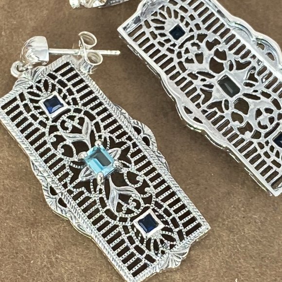 Dazzling 4x3MM Radiant Aquamarine & 2MM Blue Sapphire 925 Filigree Earrings - Picture 3 of 5